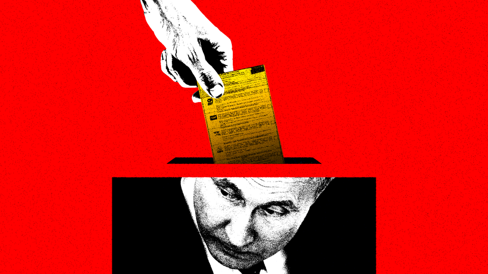 Illustration showing a hand inserting a ballot into a box that has Putin's face on it