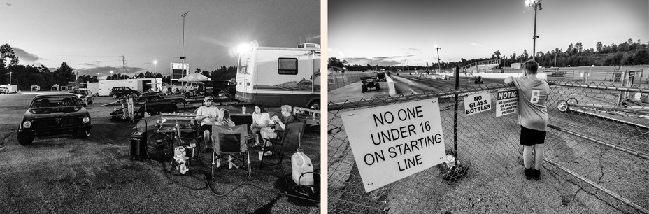 diptych: people tailgate outside an rv; a young boy looks at the track next to sign saying no one under 16