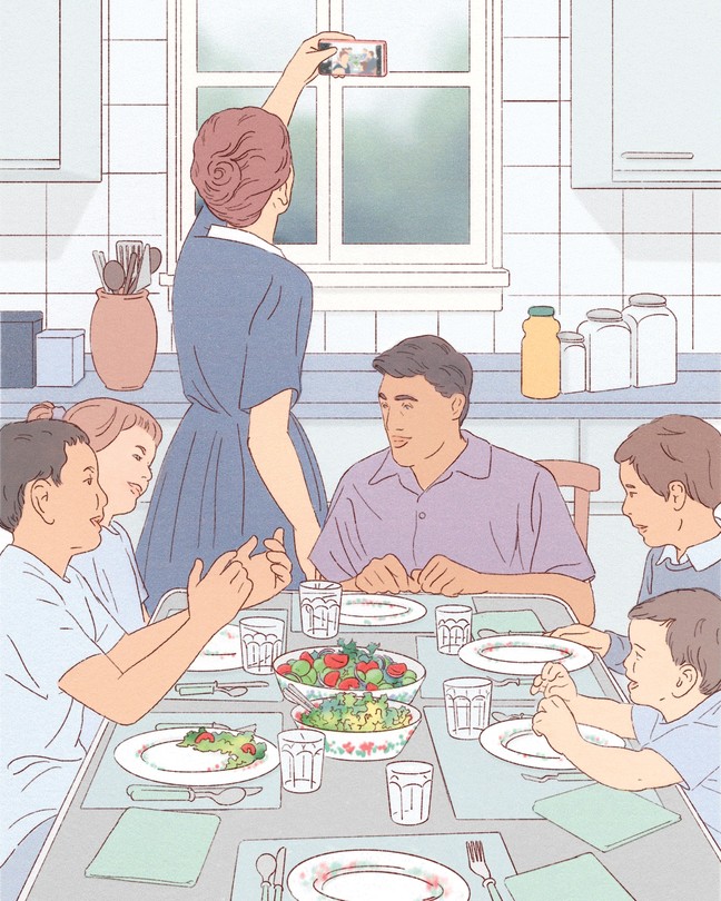 illustration of set dinner table with 4 children along sides and man at head, with woman in blue dress behind him taking a selfie with table in background