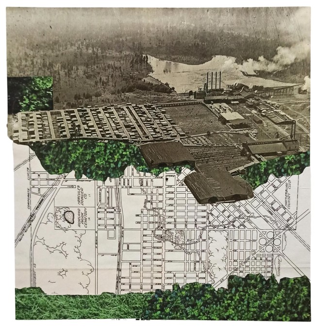 A collage of a map, an image of a lumber mill, and green grass