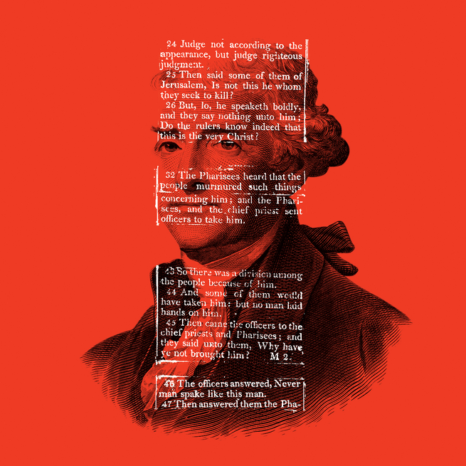 illustration with text of Jefferson Bible over an engraving of Thomas Jefferson 