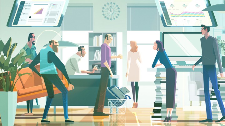 Illustration: journalists working under monitors of traffic statistics.