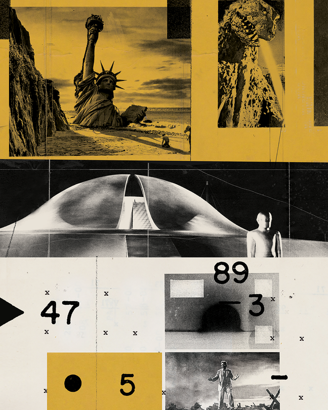 photo collage of black-and-white images from movies including buried Statue of Liberty, Godzilla, UFO, numbers, and mustard-yellow accents