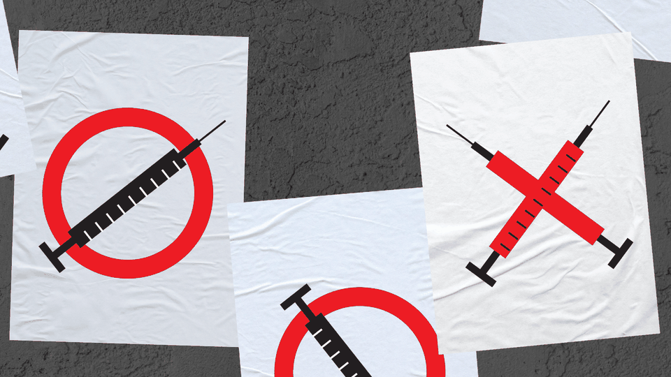 An illustration of anti-vaccine posters made up of vaccine needles.