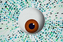 An illustration of an eyeball looking at genetic sequencing.