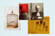 A collage including images of Osip Mandelstam, a birdcage, and fingerprints