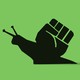 A silhouette of a snail crawling along with a raised fist in place of its shell