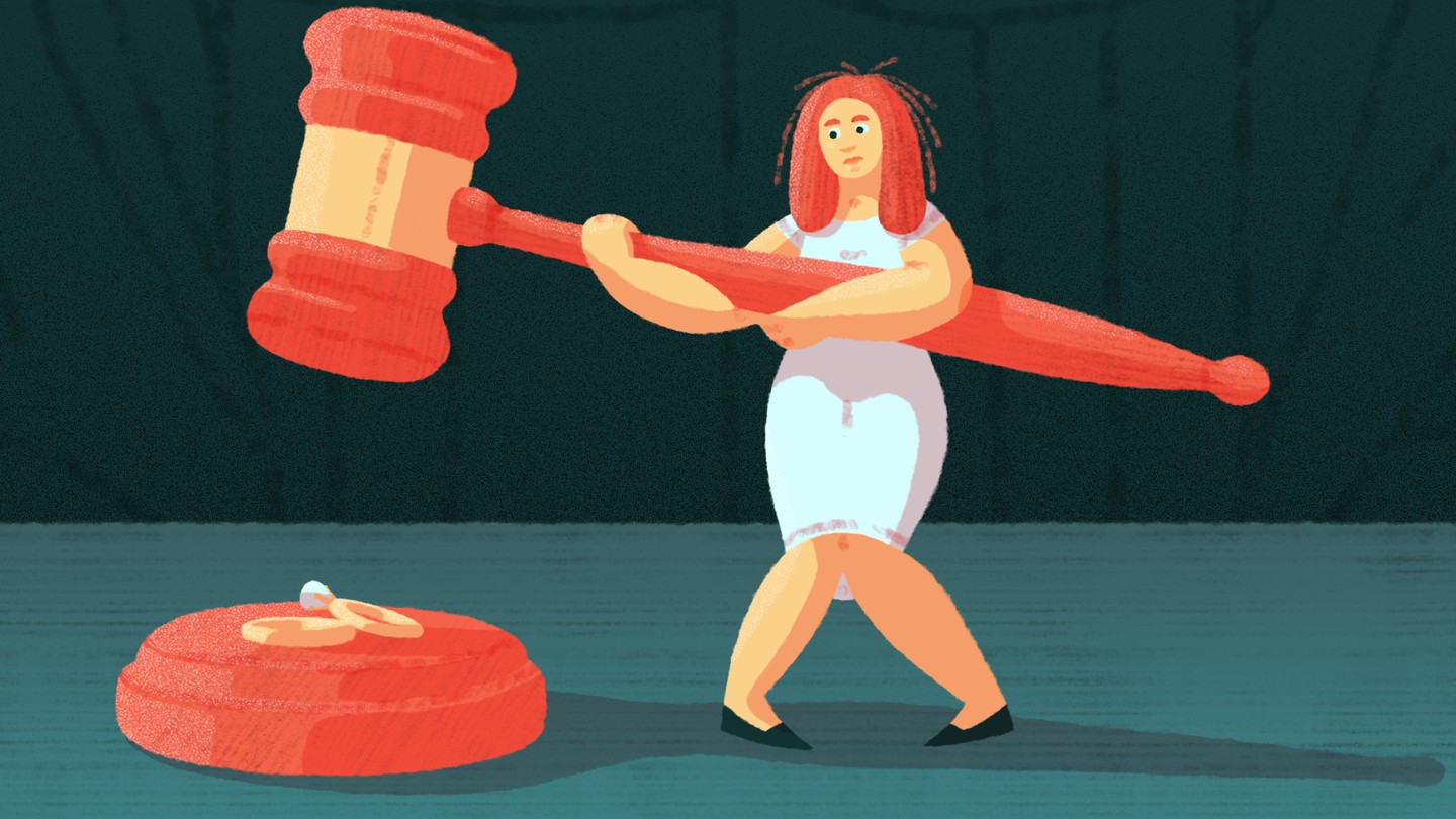 an illustration of a woman holding a giant gavel