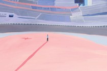 illustration of person standing alone and casting long shadow on pastel-pink baseball field in huge empty stadium