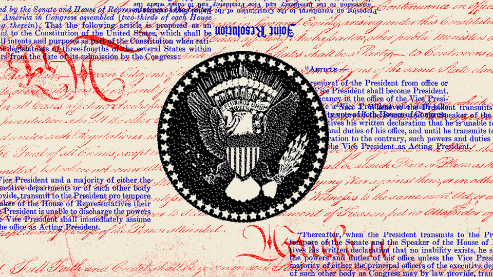 An illustration of the Constitution in red and blue text