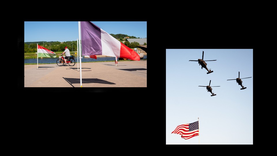 Side-by-side photos of European flags in Schengen and an American flag waving underneath helicopters.