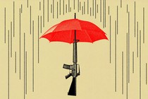 An illustration of an umbrella, with a gun as the umbrella shaft, blocking falling rain