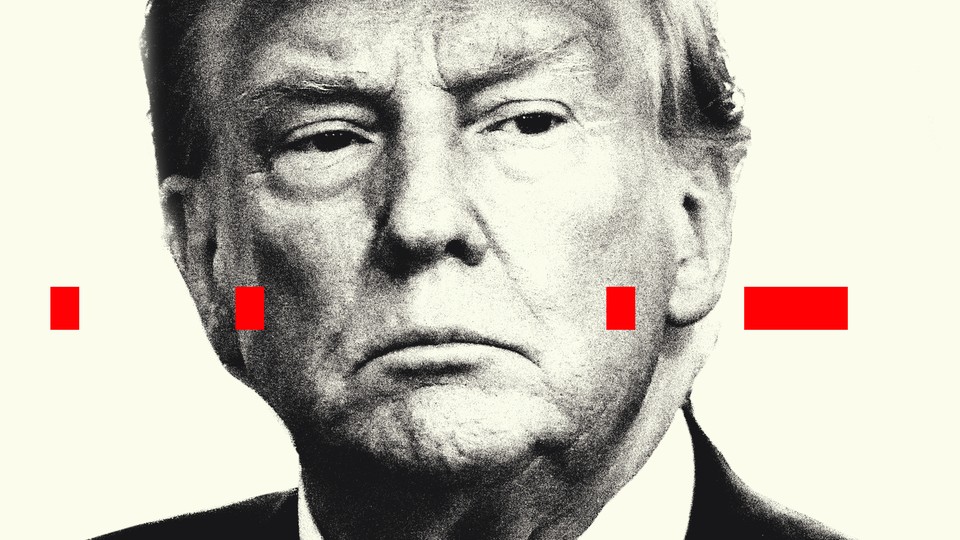 Black and white image of Trump's face with some red dash marks in a line.