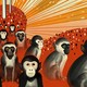 An illustration of monkeys on a red and orange background