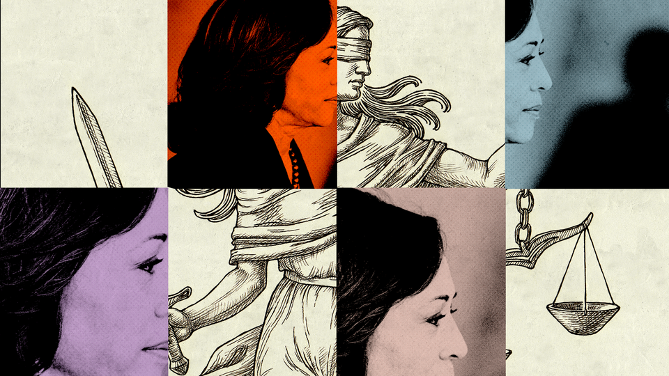 Photo illustration of Kamala Harris and Lady Justice