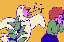 A man in a bird suit whistling near his aggravated wife