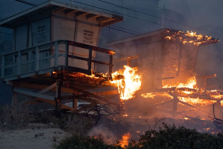 Lifeguard towers catch fire along Malibu Beach.