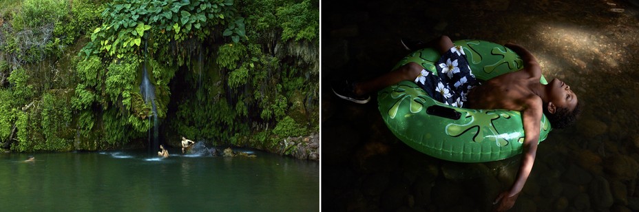 diptych: a group swims in the wild; a boy floats in a body of water