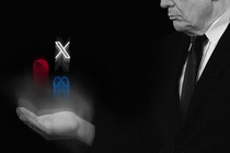 Graphic illustration of a black-and-white photo of Donald Trump holding the logos of X, Meta, and ABC in the palm of his hand