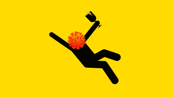 Stick figure with virus for head falling while holding wine glass