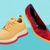 Two shoes: a sneaker by Allbirds and a flat by Rothy's