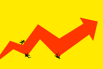 An illustration of a spiking chart with people.