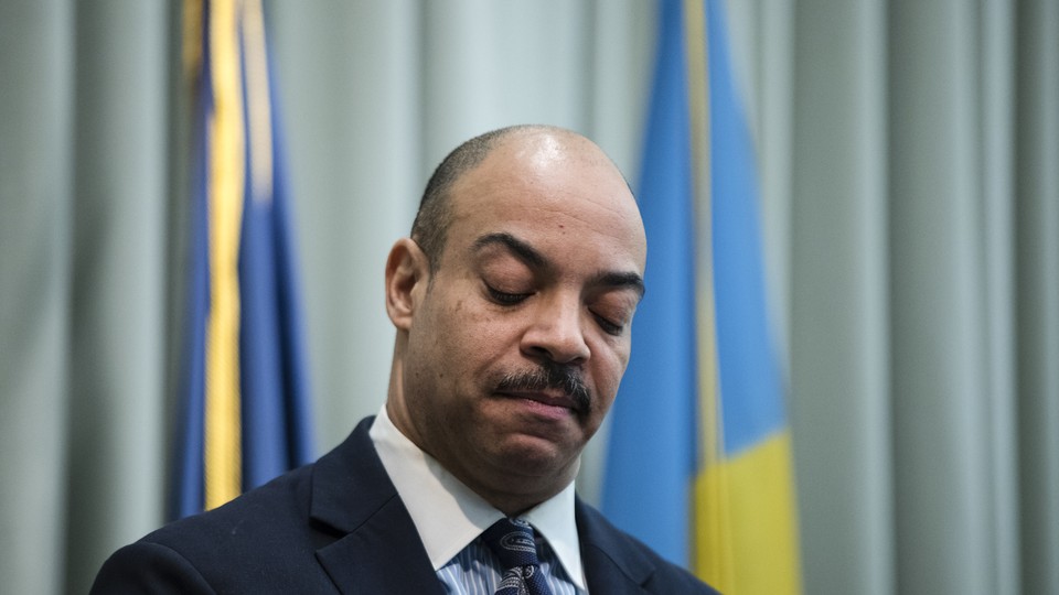 A closeup of Philadelphia District Attorney Seth Williams at a news conference