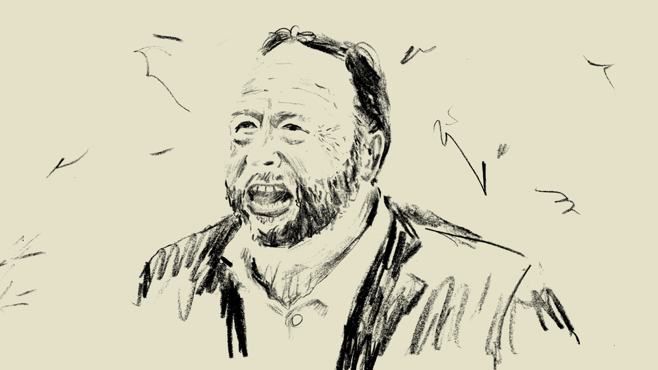 Black crayon drawing of Alex Jones wearing a suit and screaming over a beige background