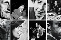 8 black and white photos in a grid: George Orwell, Jean-Paul Sartre, Hannah Arendt, Jackson Pollock, Andy Warhol, Susan Sontag, Jack Kerouac, James Baldwin.