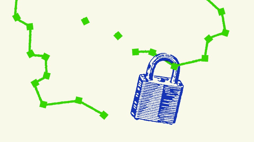 A blue lock on a broken chain of green dots connected by lines
