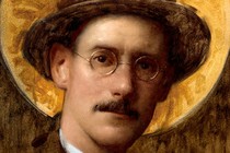 painting-style illustration of Joyce wearing brown hat, round wire spectacles, and brown suit, with golden halo-like circle around his head