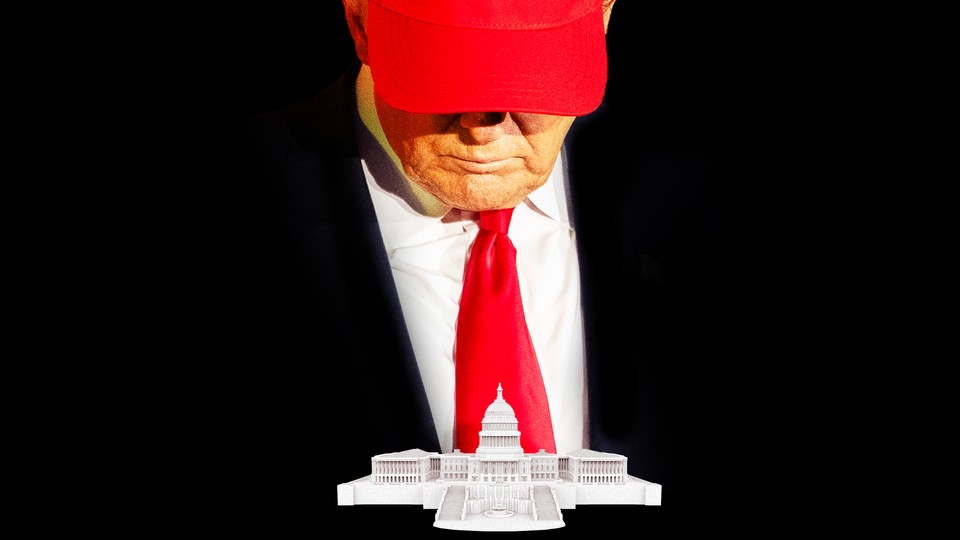 Illustration of President Trump in a red cap looking down at a miniature replica of the Capitol Building