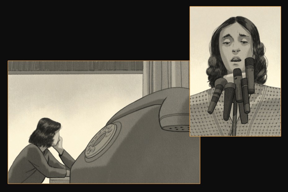 illustrations: woman waiting by phone; woman speaking at press conference with 7 microphones.
