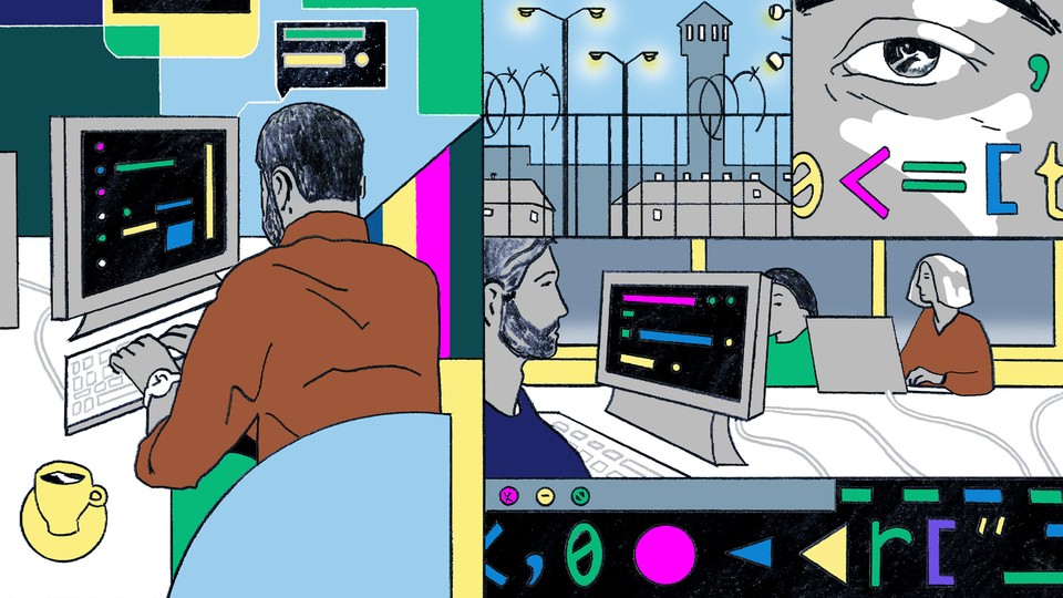 Illustration of formerly incarcerated coders working at computers