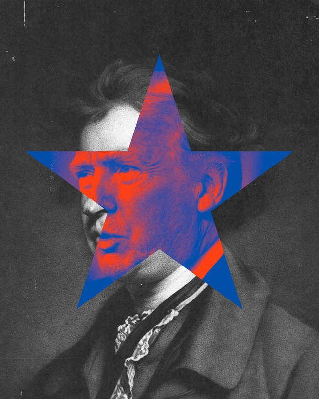 A black and white portrait of Edmund Burke overlaid with Donald Trump's face in a red and blue star