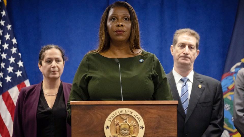 New York Attorney General Letitia James at a podium