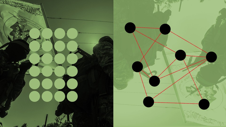 An illustration showing Hamas fighters overlaid with dot graphics