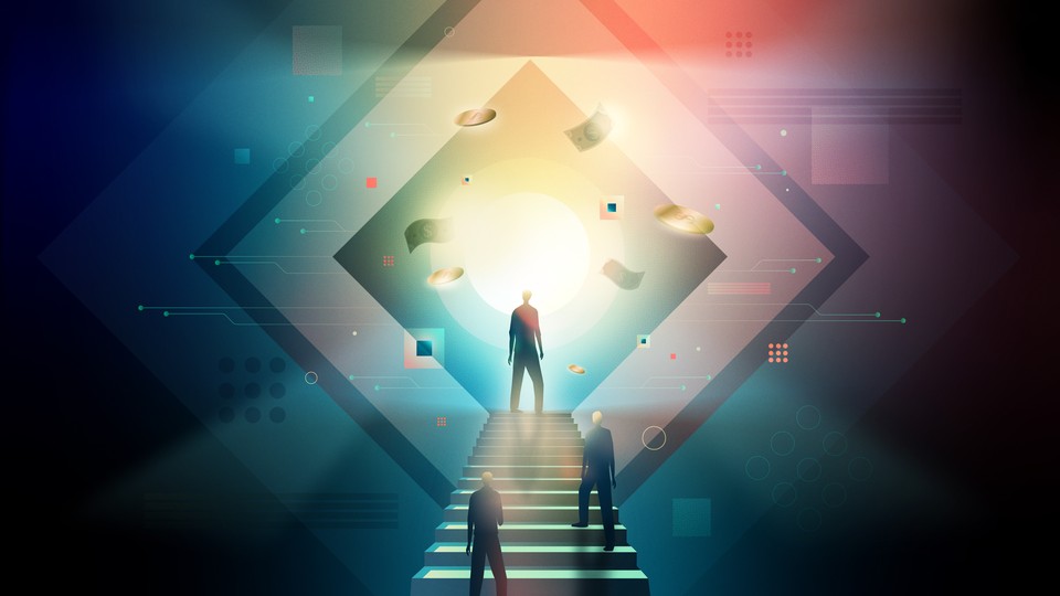 An illustration of young people surrounded by dollar bills