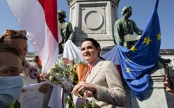 Belarusian opposition leader Svetlana Tikhanovskaya at a protest on the Place du Luxembourg in front of the European Parliament.