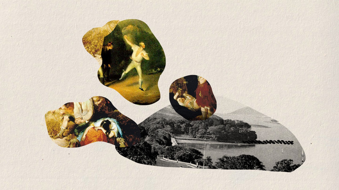 a collage of images, including the bowler in MacDonald's painting and a despairing woman from another of his paintings