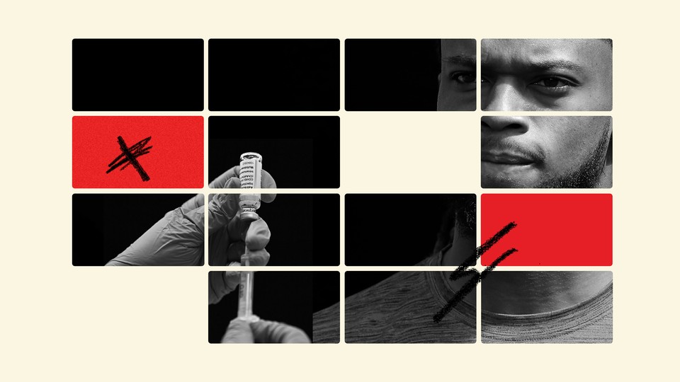 Photo illustration of Damar Hamlin and a syringe on squares in black-and-white and red