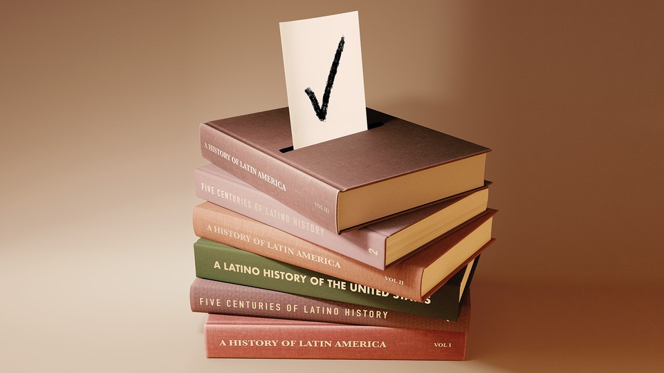 stack of Latino and Latin American history books with a vote being inserted in slot at top