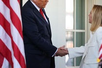 Photo of President Donald Trump shaking hands with Italian Prime Minister Giorgia Meloni