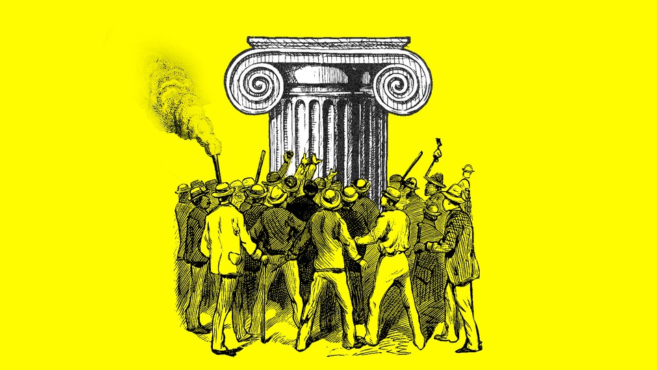 An illustration of an angry mob gathered in front of a pillar