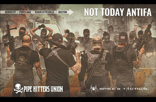 An ad from Spike's Tactical that shows armed men and reads, "Not today antifa"
