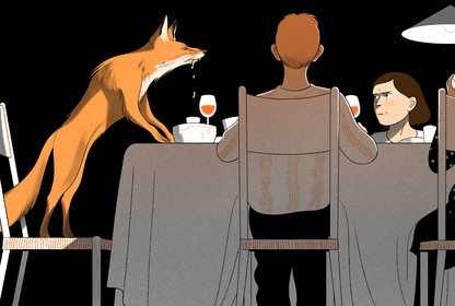 An illustrated fox drooling at a thanksgiving table
