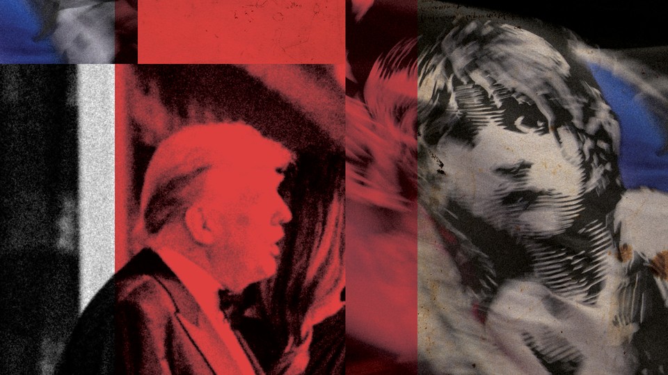 Donald Trump juxtaposed with a flag of Cosette from Les Miserables, in a red-white-blue-and-black collage