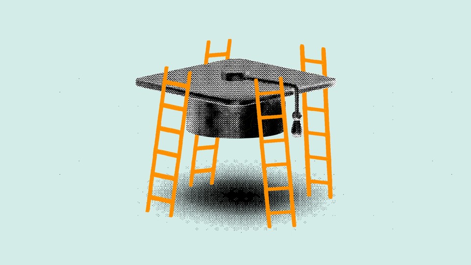 A graduation cap with ladders ascending to the top