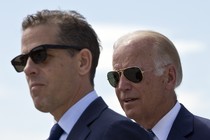 A closeup of Hunter Biden standing with his father, Joe Biden.