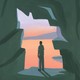 Painted illustration of man seen from behind in a jagged cave opening, silhouetted against a pink sky and landscape beyond.